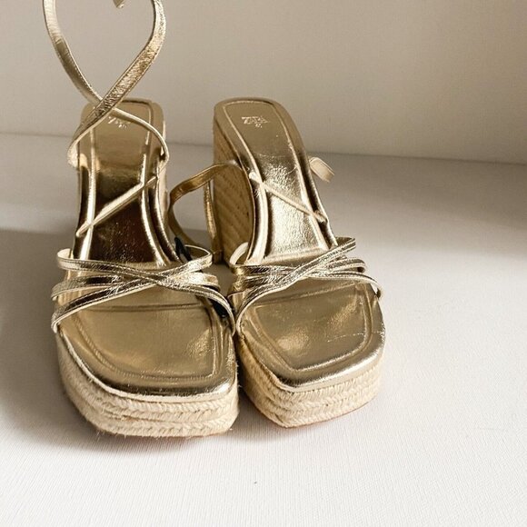 Zara Metallic Gold Strappy Wedge Jute Espadrille Sandals  40 NWT - Picture 2 of 5